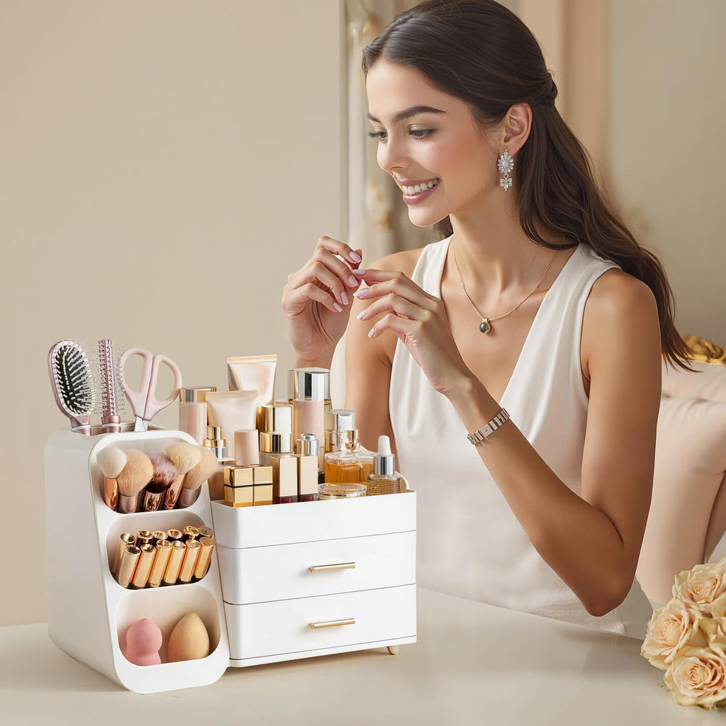 Makeup Organizer with Brush Holder for Vanity, Large Plastic Bathroom Countertop Organizer Skin Care Storage, All White - Image 5