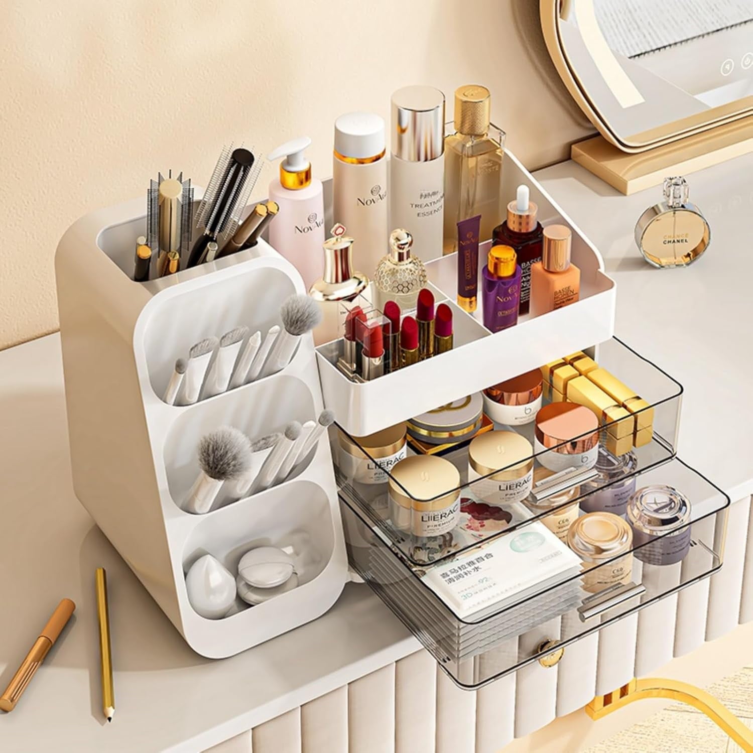 BAODELI  Makeup Organizer with Brush Holder for Vanity, Large Plastic Bathroom Countertop Organizer Skin Care Storage, Easy to Store Lipstic - Image 5