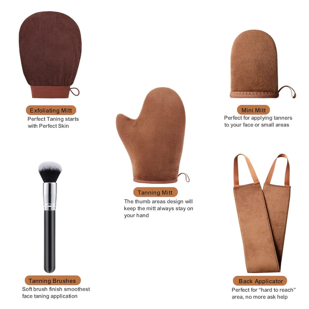 5 Pack Self Tanning Mitt Kit with Back Applicator, Mini Tanning Glove, Exfoliating Glove, Brush - Image 2