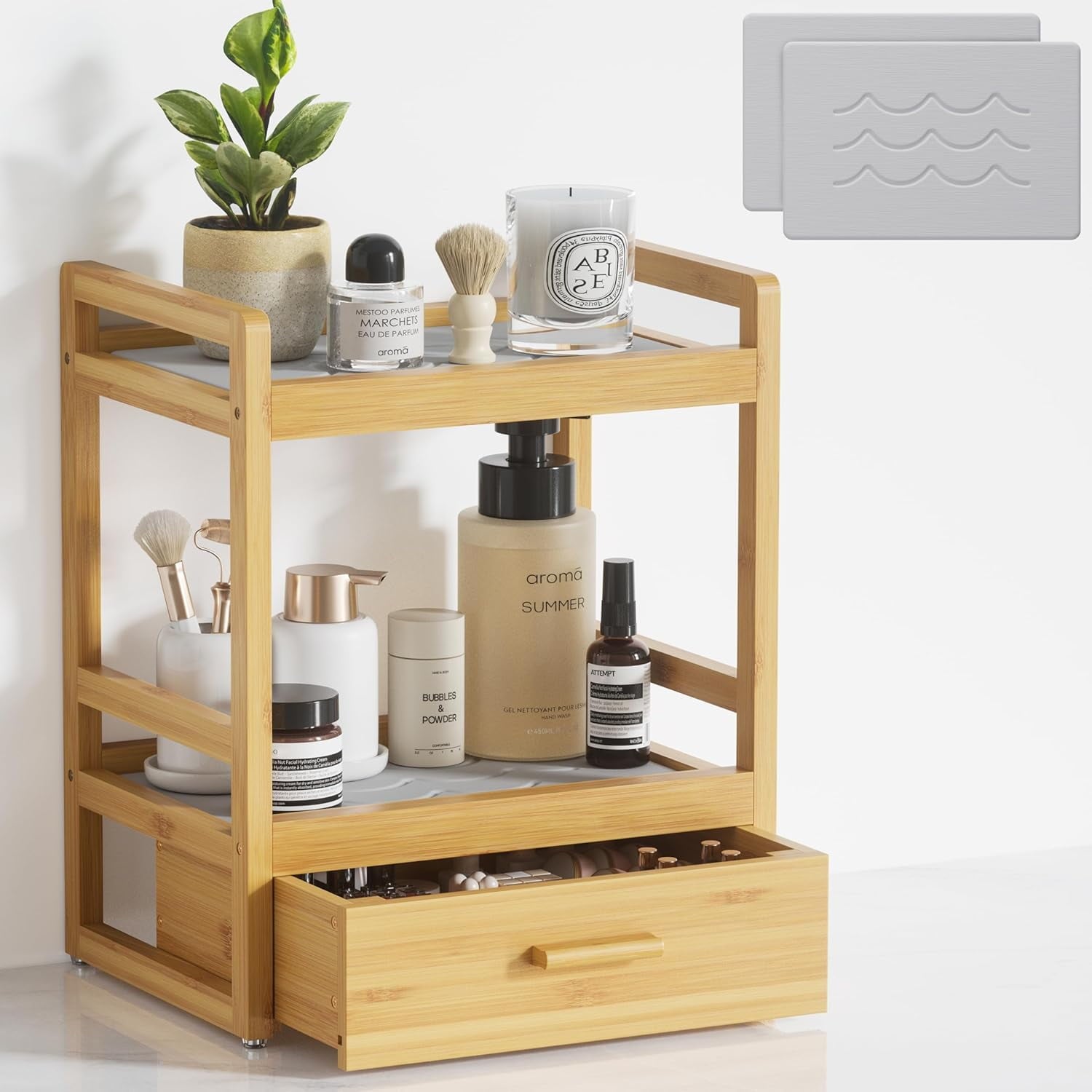 Bamboo Bathroom Organizer Countertop, Large 2 Tier Vanity Perfume Organizer with Drawer for Skincare Makeup, Counter Storage with Stone Dryi - Image 4