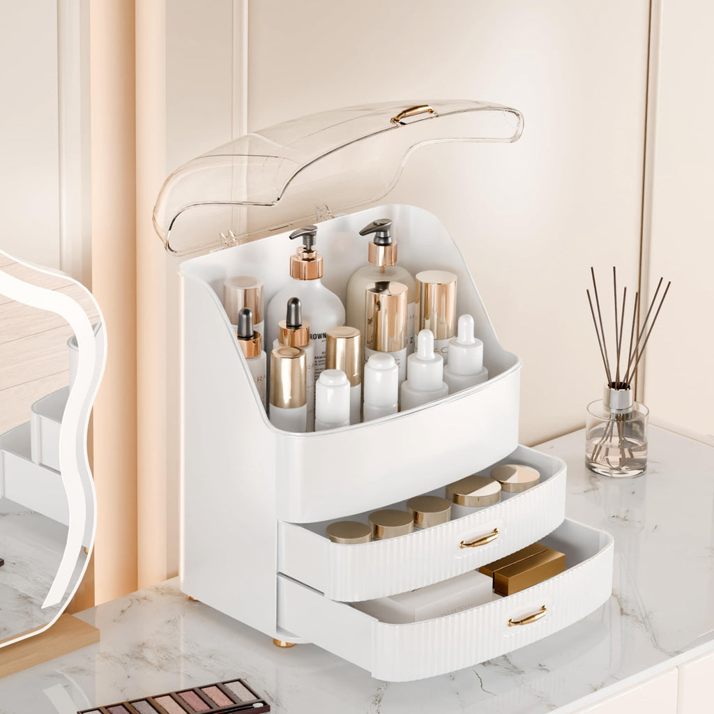 Large Makeup Organizer with Dustproof Transparent Lid, Waterproof Cosmetic Storage Case with Drawers for Bathroom Van... - Image 2