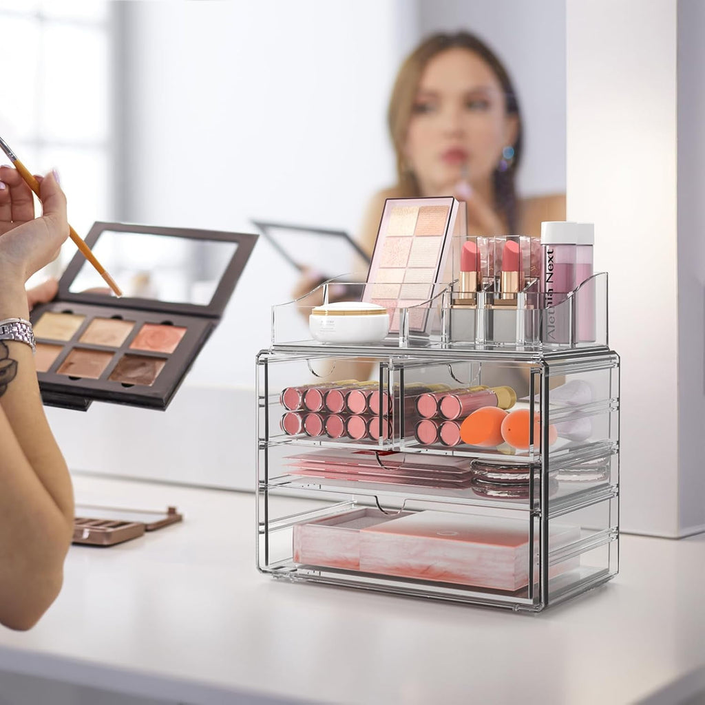 4-Tier Clear Makeup Organizer, Delamu Thick Acrylic Box Organizer, Cosmetics Storage Box, Bathroom Organizer - Image 6
