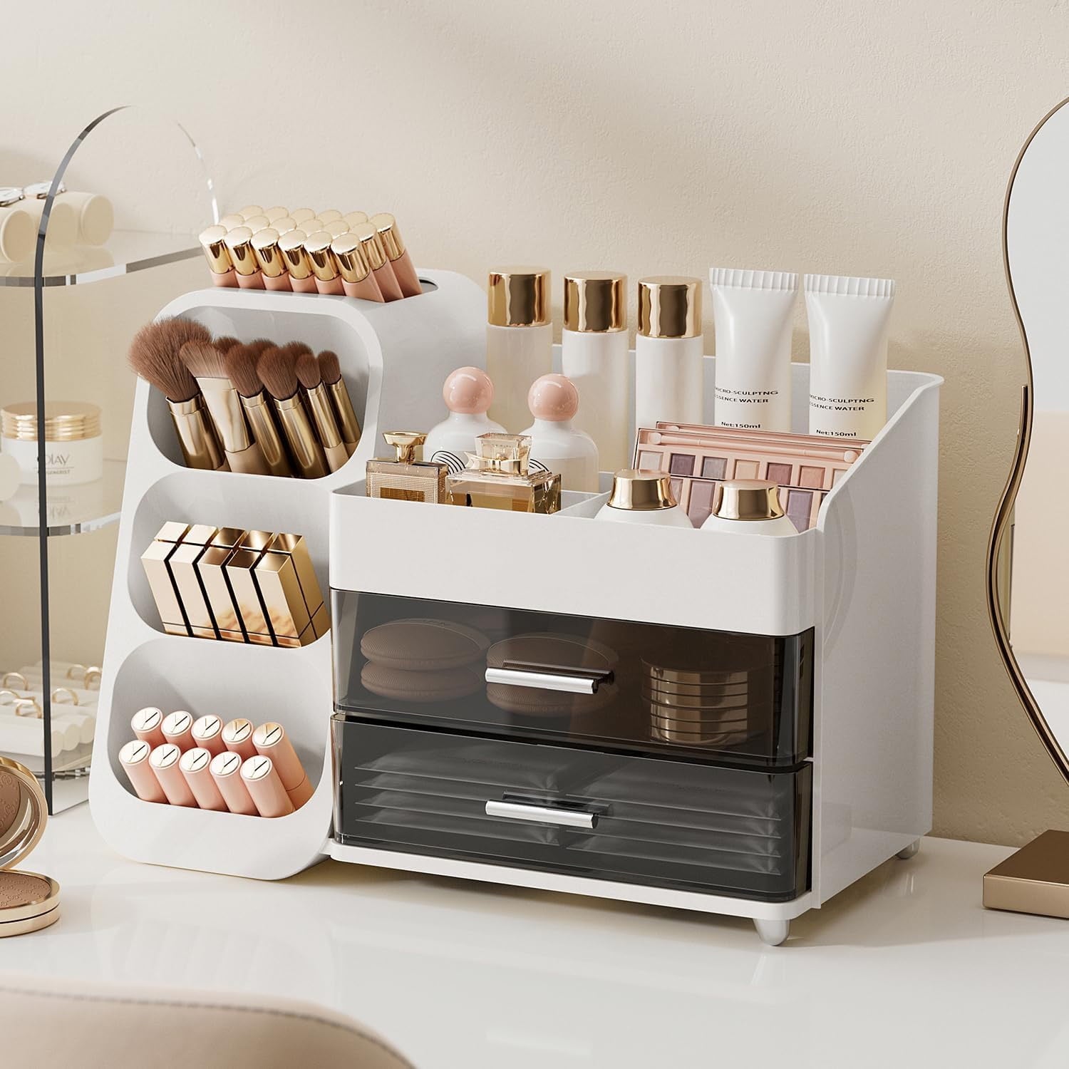 Makeup Organizer with Brush Holder, Countertop Organizer with 2 Drawers for Beauty Essential, Skincare, Lipstick - Image 2