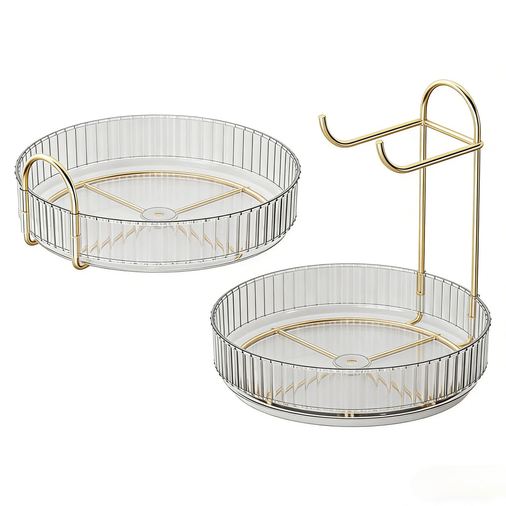 2-Tier Organizer, 360 Spinning Skincare Storage Tray, Clear Acrylic Cosmetic Vanity Tray with Gold Frame, Large Capac... - Image 2