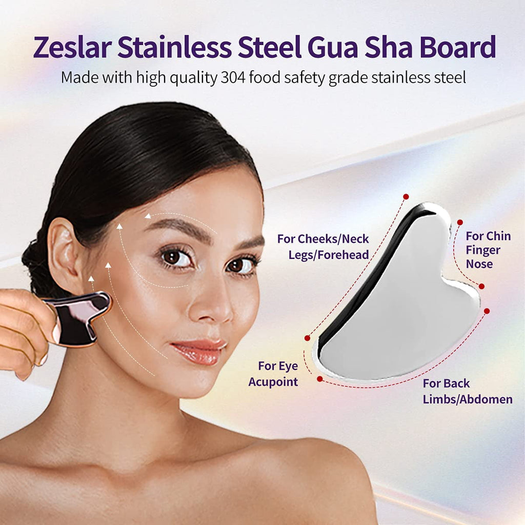 Face Roller Stainless Steel Gua Sha Facial Beauty Tools, Massage Tools Set for Face Eye Skin Body, Anti-Aging Skin Care SPA Roller and Board - Image 3