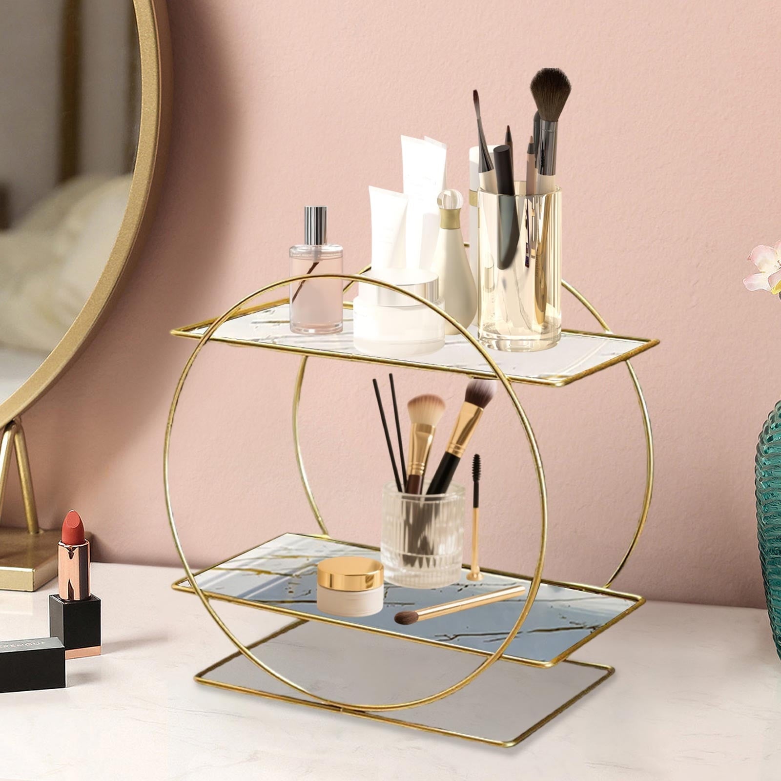 White 2-Tier Wrought-Iron Vanity & Countertop Organizer – Large-Capacity Bathroom Storage Rack for Skincare, Cosmetics & Toiletries - Image 4