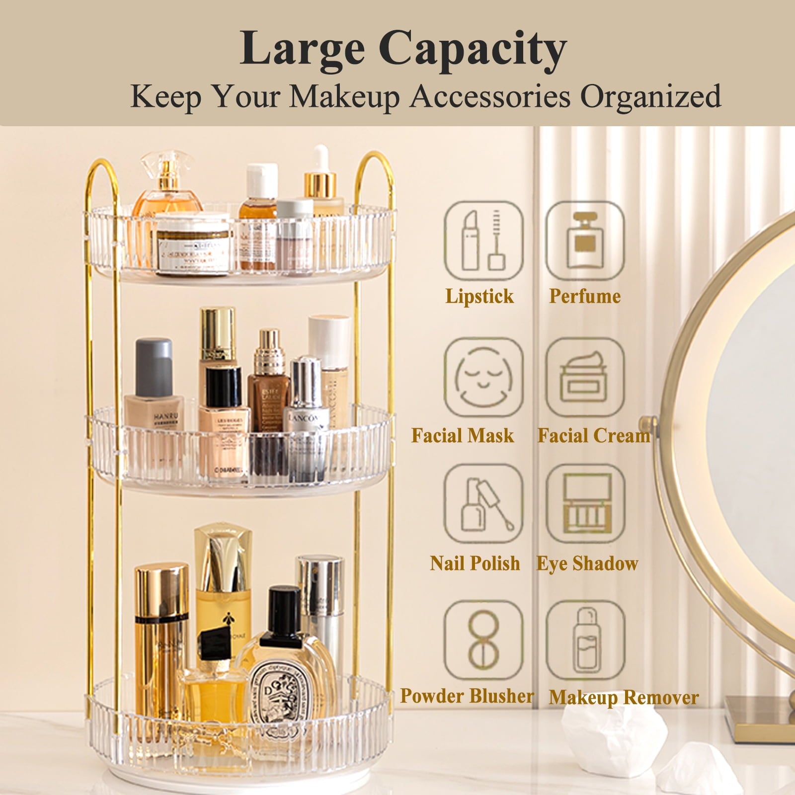 Makeup Organizer for Vanity, 3 Tier 360 Rotating Makeup Perfume Organizer for Dresser, Large Capacity Cosmetics Skinc... - Image 6