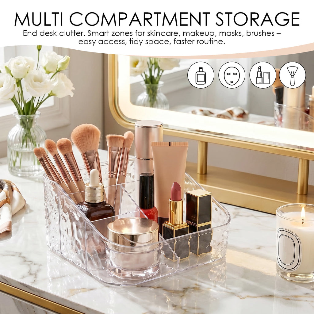 Plastic Makeup Storage Organizer Divided Basket Bin with Water Ripple Design Countertop Cosmetic Storage Holder for C... - Image 4