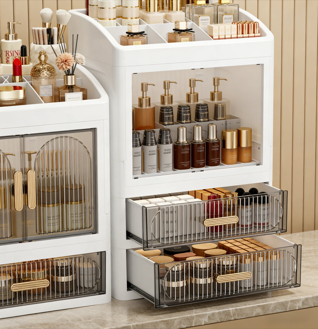 Large Capacity Makeup Organizer with Drawers & Doors, White Plastic Cosmetic Storage Cabinet with Handle, Multi-Tier Skincare Organizer for - Image 6