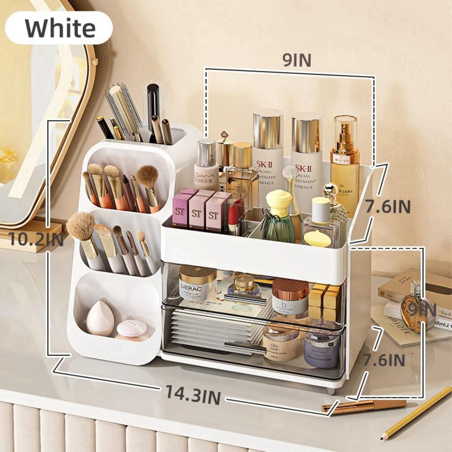 BAODELI  Makeup Organizer with Brush Holder for Vanity, Large Plastic Bathroom Countertop Organizer Skin Care Storage, Easy to Store Lipstic - Image 2