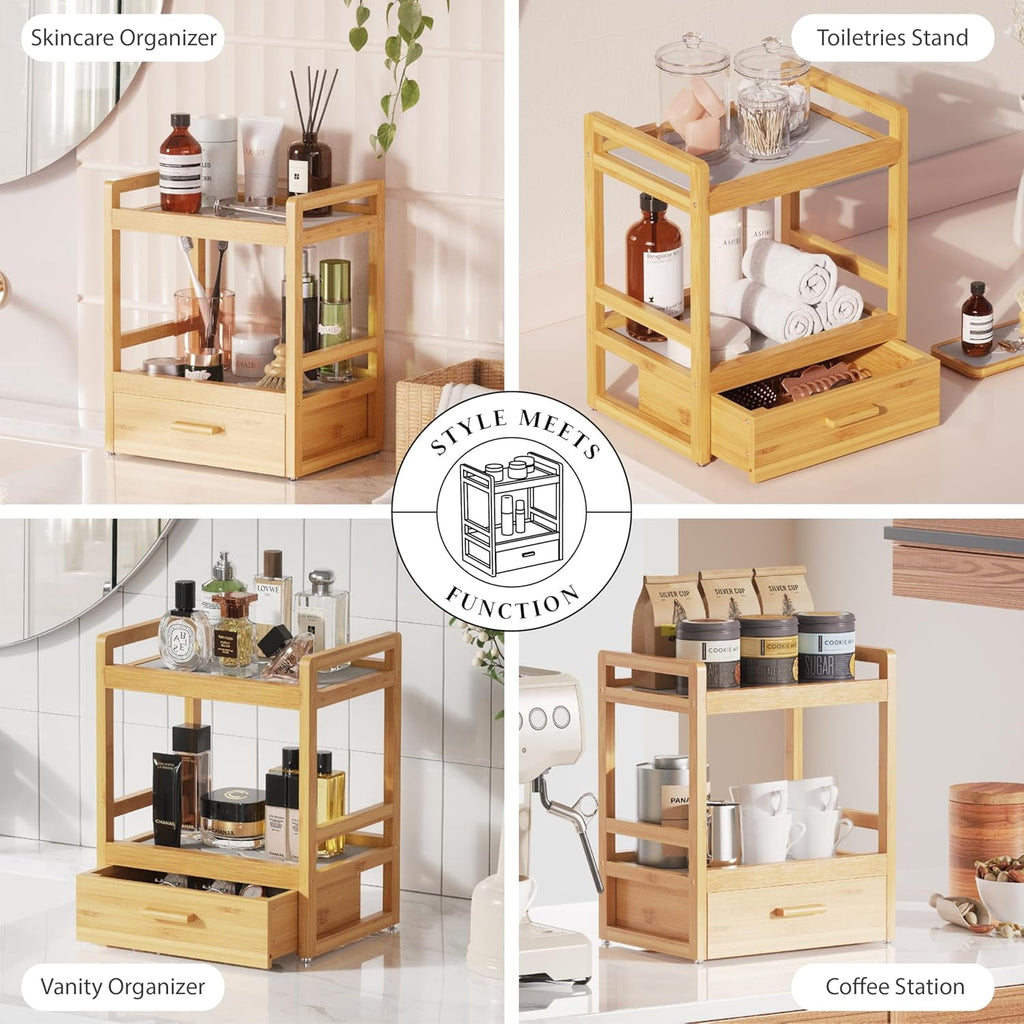 Bamboo Bathroom Organizer Countertop, Large 2 Tier Vanity Perfume Organizer with Drawer for Skincare Makeup, Counter Storage with Stone Dryi - Image 3