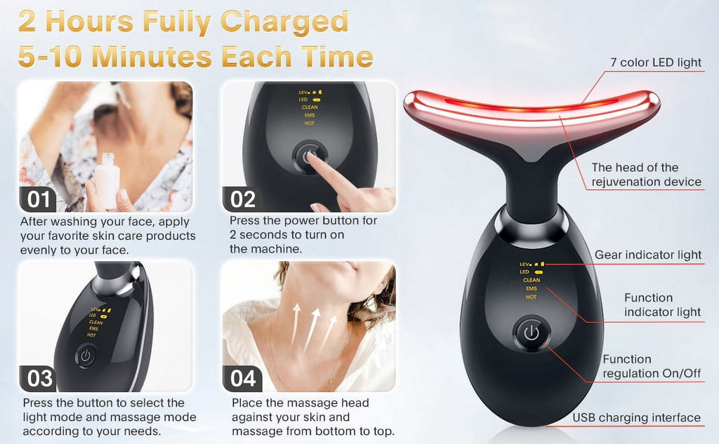 Face & Neck Massager with 7 LED Light Modes, Heated Facial Skincare Tool, Portable Skin Care Device for Daily Beauty ... - Image 3