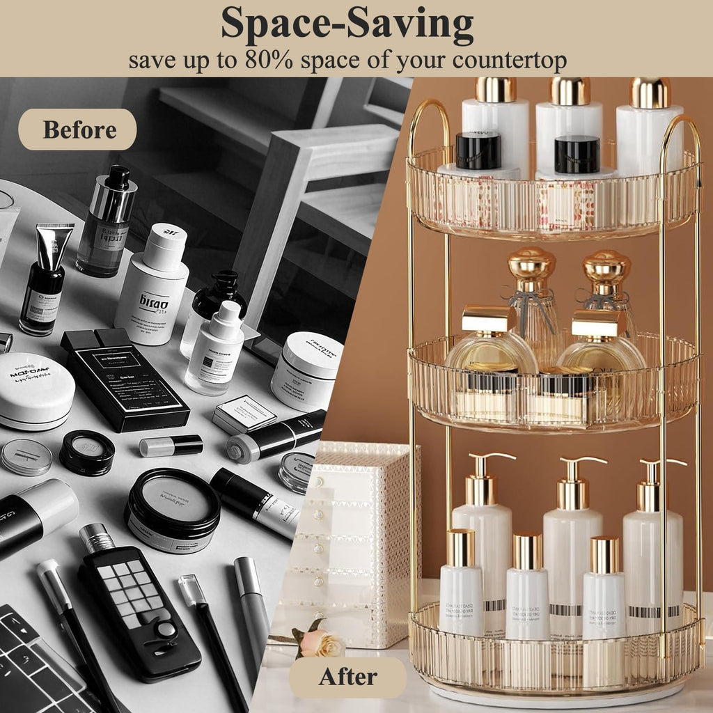 Kisportee Makeup Organizer for Vanity, 3 Tier 360° Rotating Make Up Storage Perfume Organizers for Bathroom Counter, Clear Cosmetic Dresser - Image 3