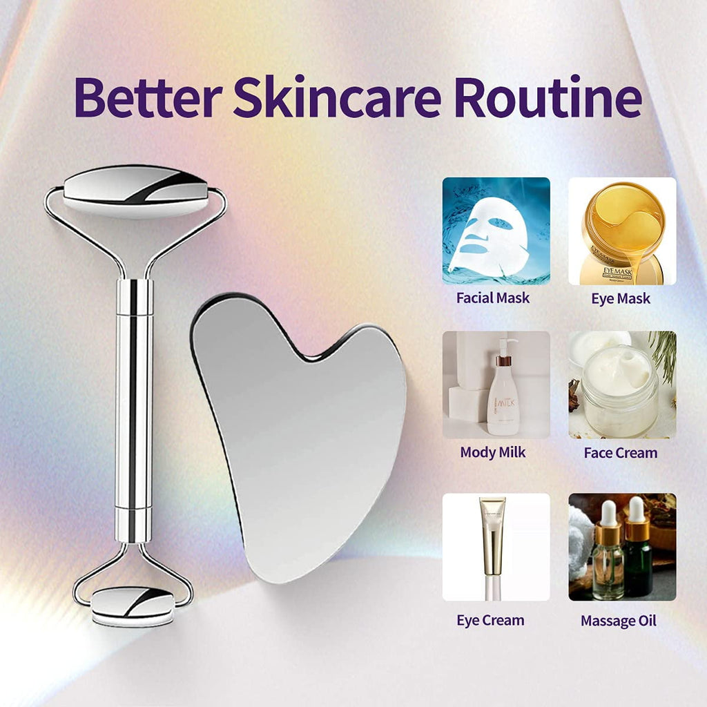 Face Roller Stainless Steel Gua Sha Facial Beauty Tools, Massage Tools Set for Face Eye Skin Body, Anti-Aging Skin Care SPA Roller and Board - Image 5