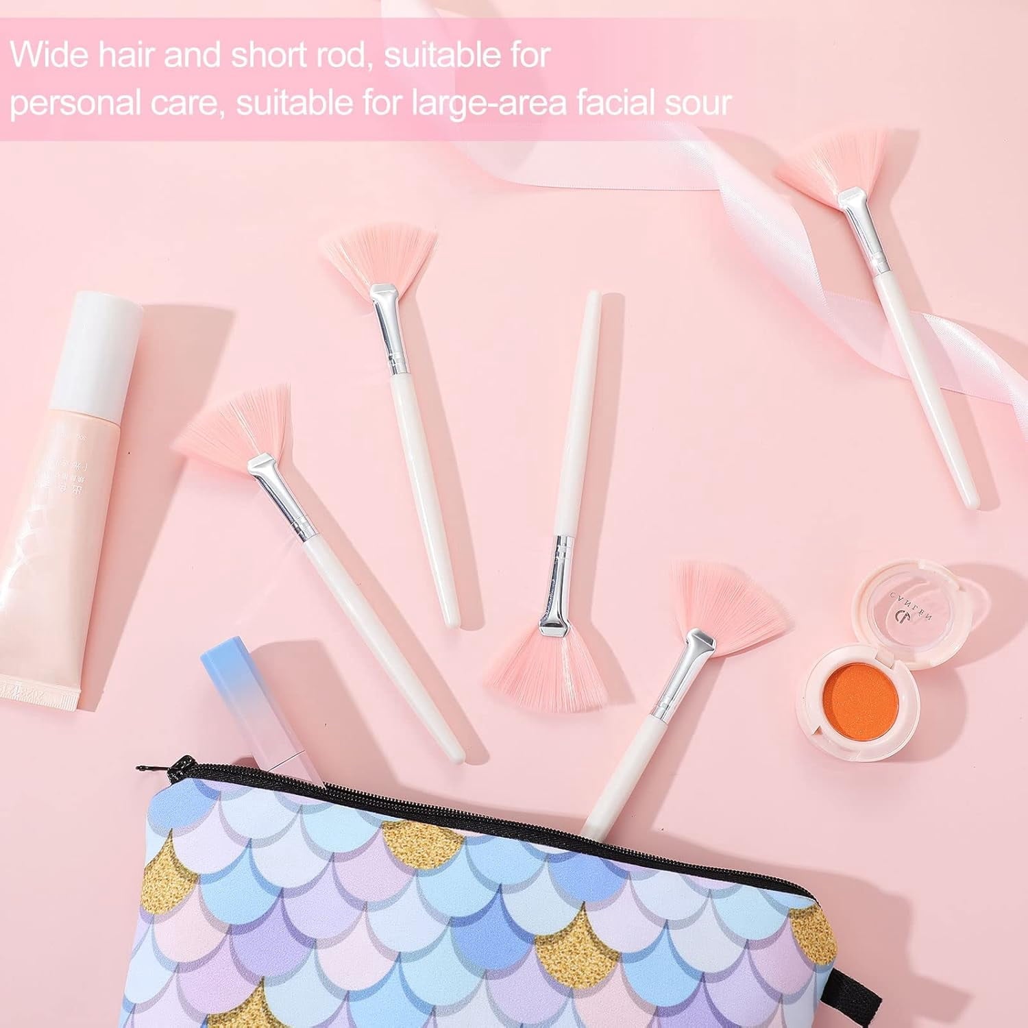 24 Pcs Fan Shaped Face Mask Brushes Set, Soft Pink Facial Applicator Brushes for Even Mask Application, Synthetic Ski... - Image 4