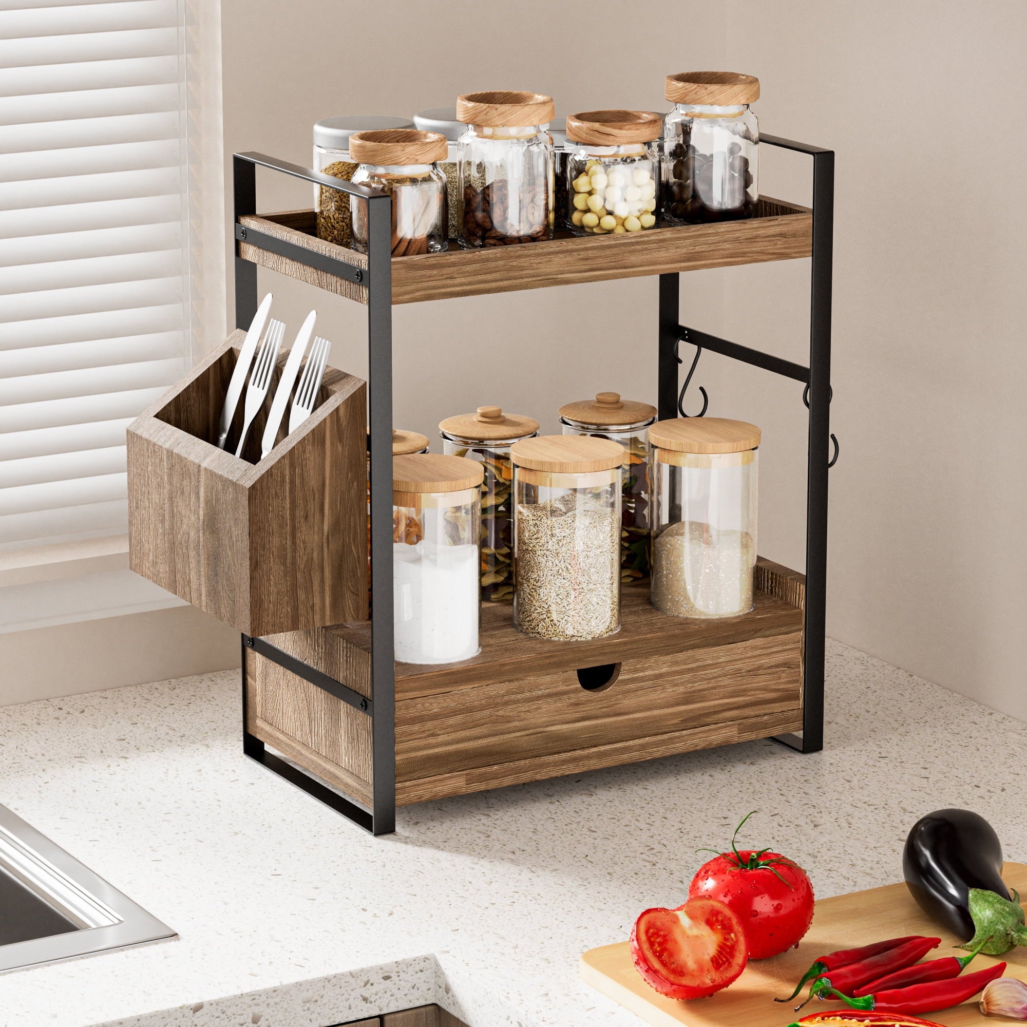2-Tier Bathroom Counter Organizer with Drawer and Basket, Wood Countertop Organizer for Storage, Skincare Organizers ... - Image 2