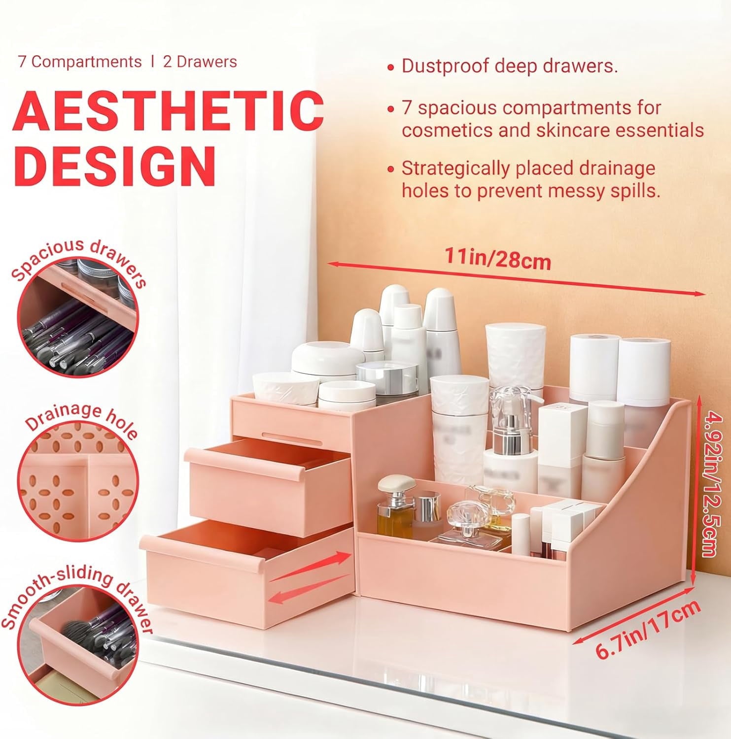 Pink Makeup Organizer with Drawers, Large Capacity Cosmetic Storage for Vanity or Bathroom Countertop, Multi-Compartm... - Image 3