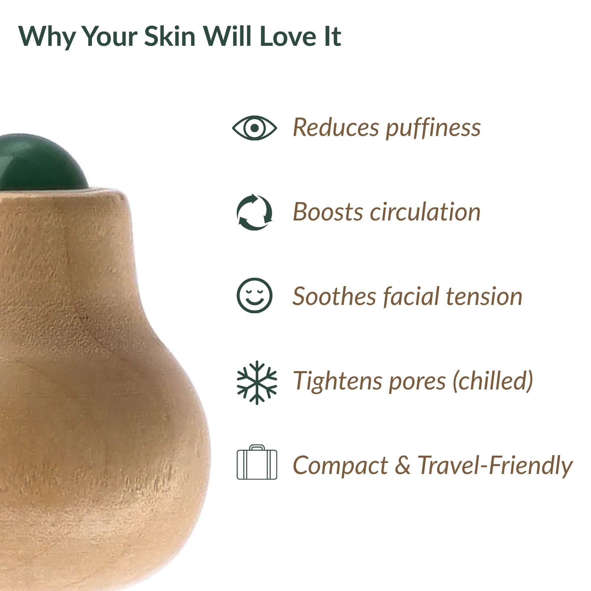 Natural Wooden Face Massage Roller with Green Jade Stone - Image 3