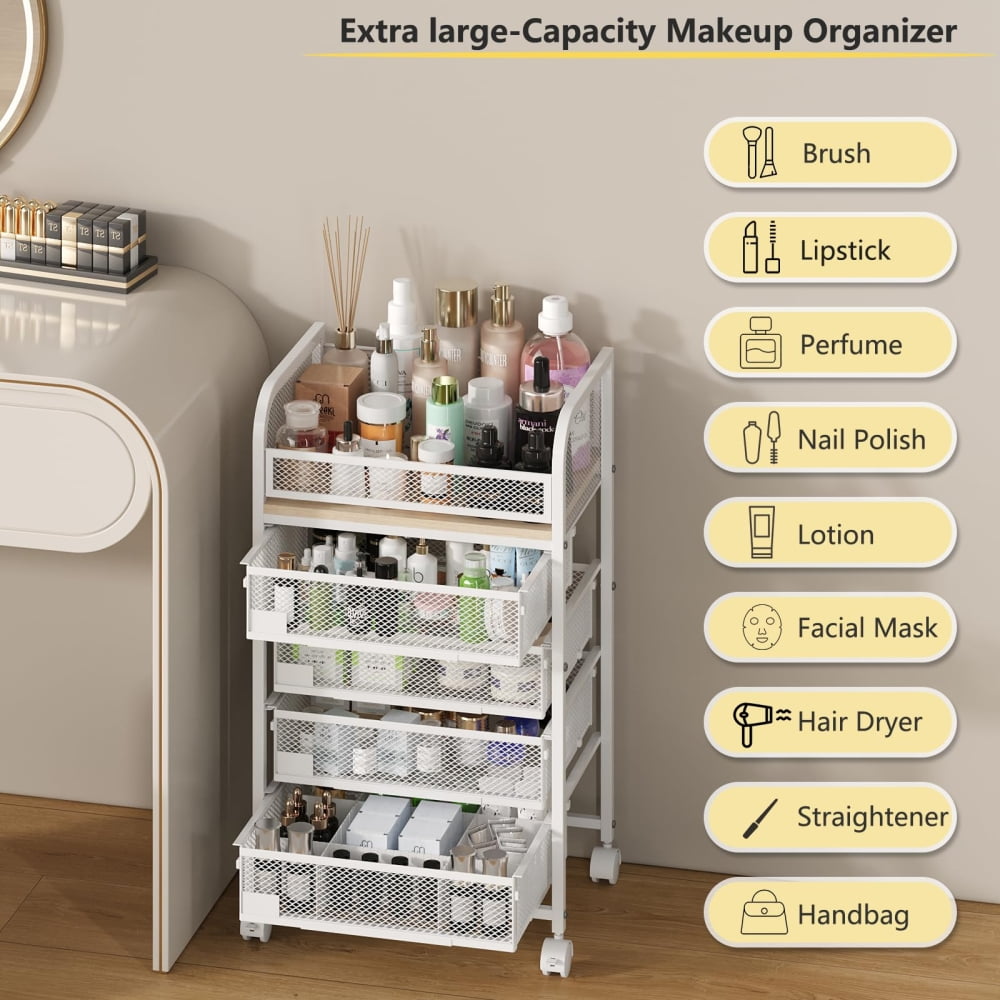 27.5" Rolling Makeup Cart Organizer with 4 Drawers, 5-Tier Floor Skincare Organizers with Divider, Vanity Storage Org... - Image 3