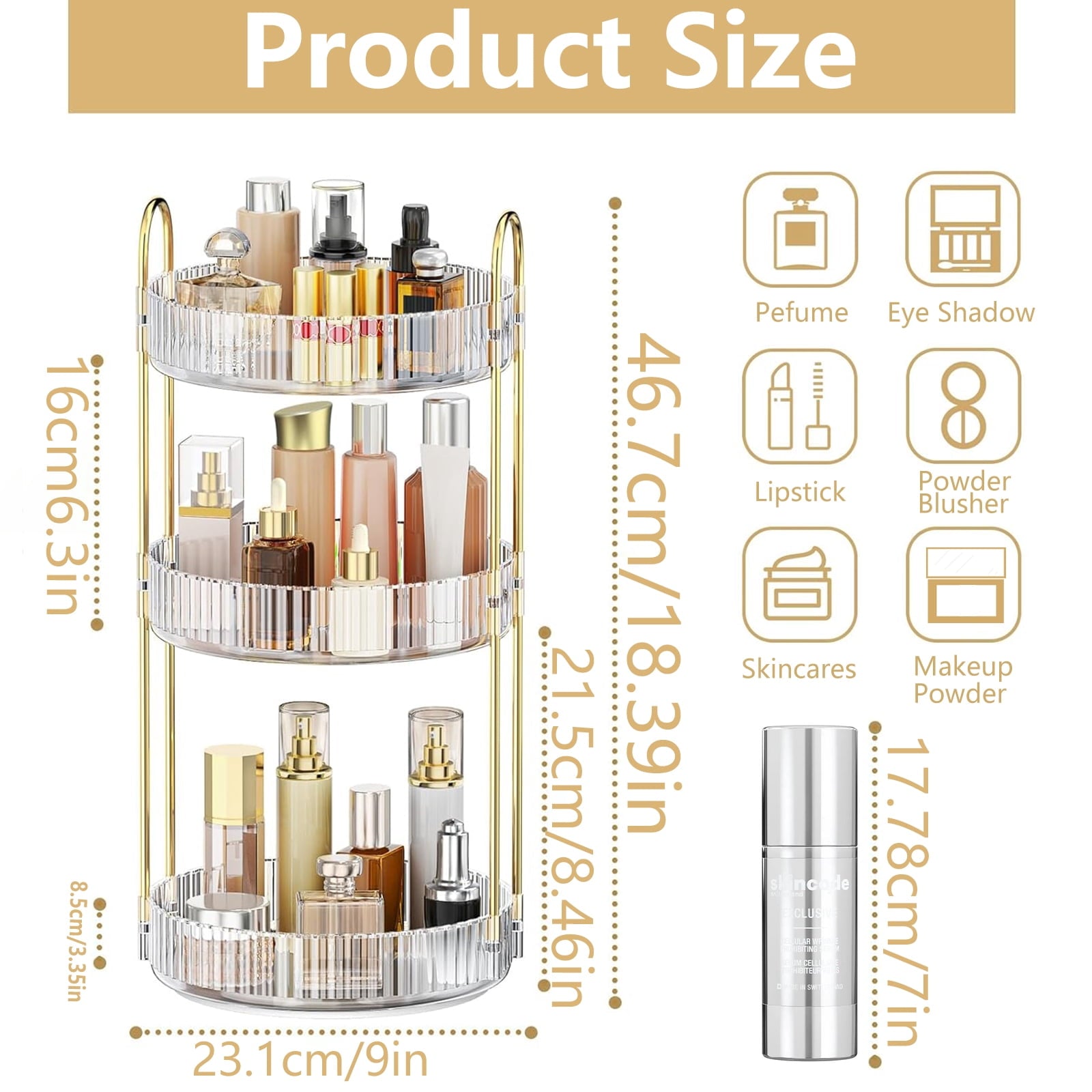 Asnews 360° Rotating Makeup Organizer, 3 Tier Adjustable Perfume Organizer for Dresser, Multi-Function Spinning Cosmetics Skincare Storage f - Image 3