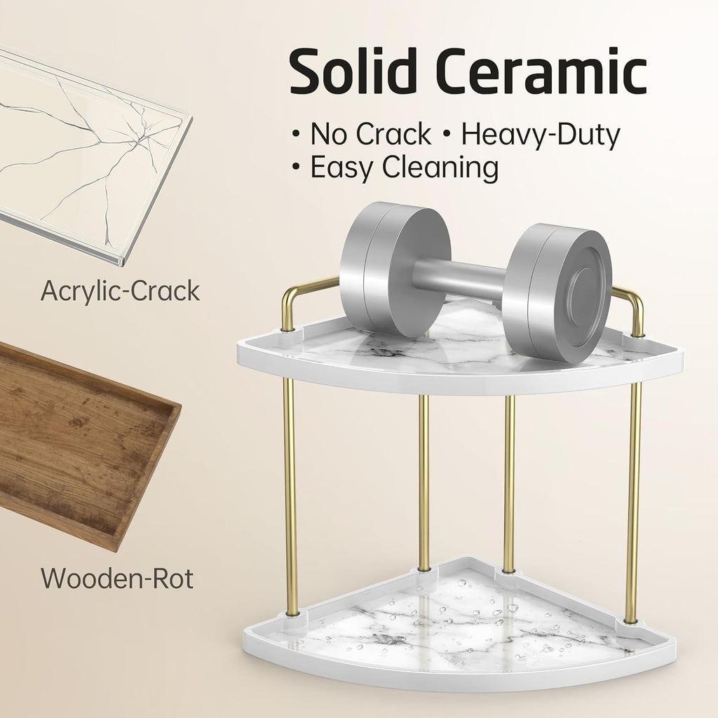 Marble Pattern Bathroom Corner Countertop Organizer, 2-Tier Ceramic Corner Counter Shelf, Vanity Skincare Perfume Org... - Image 3