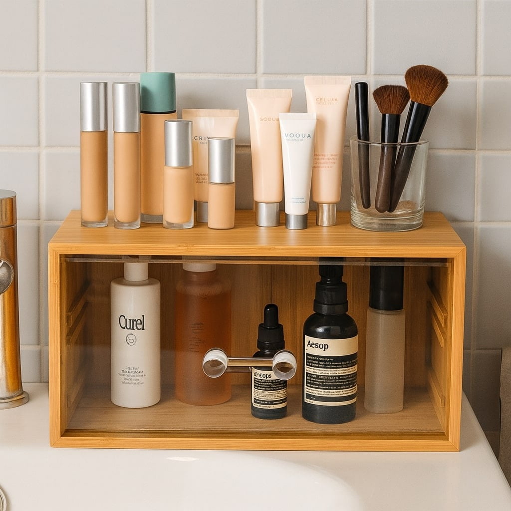Bamboo Makeup Organizer with Clear Acrylic Drawer, Compact Single Drawer Bamboo Storage Box for Cosmetics & Skincare,... - Image 3