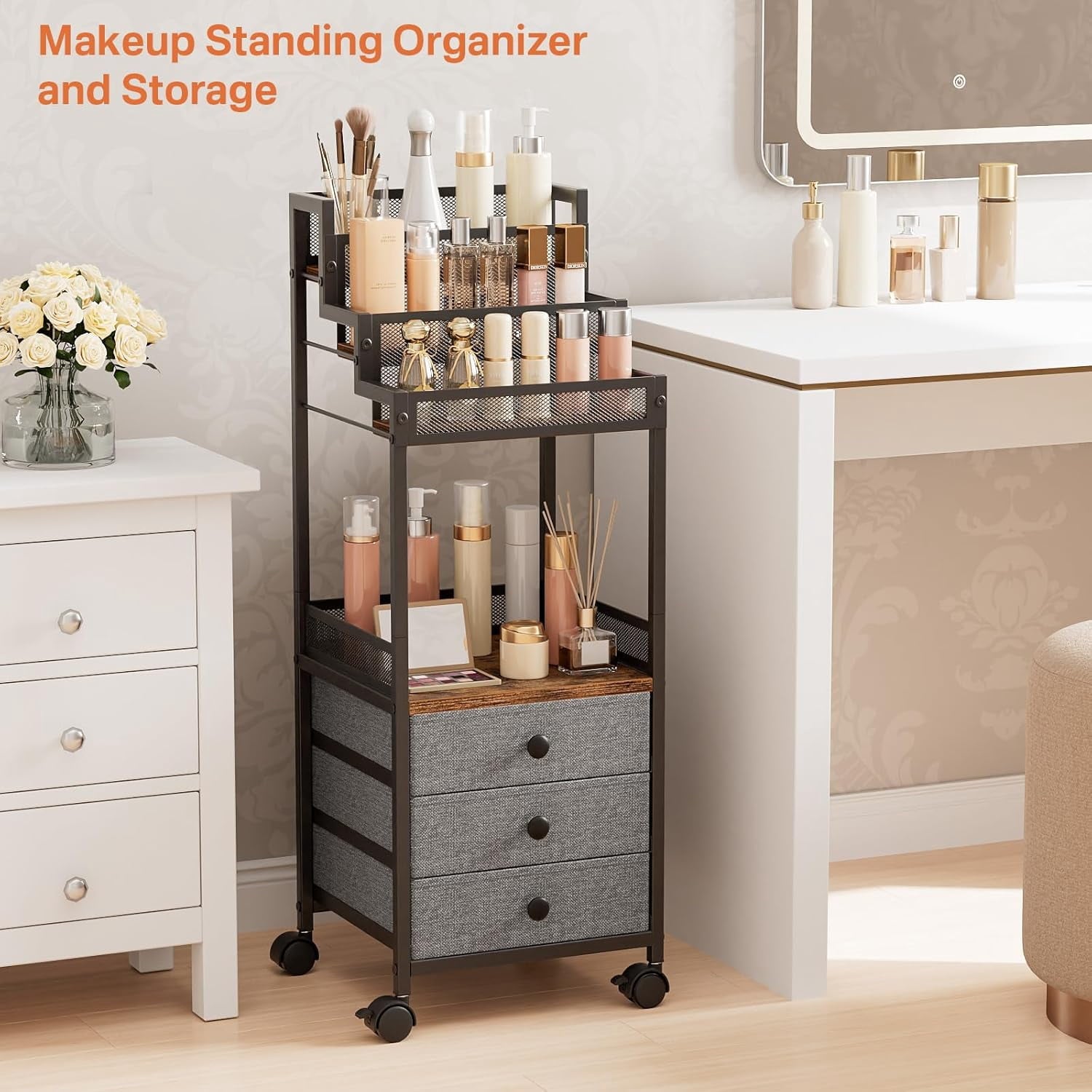 Display Riser Stand Perfume Cologne Organizer, Rolling Makeup Storage Cart with Fabric Drawers, Floor Vanity Cosmetic... - Image 2