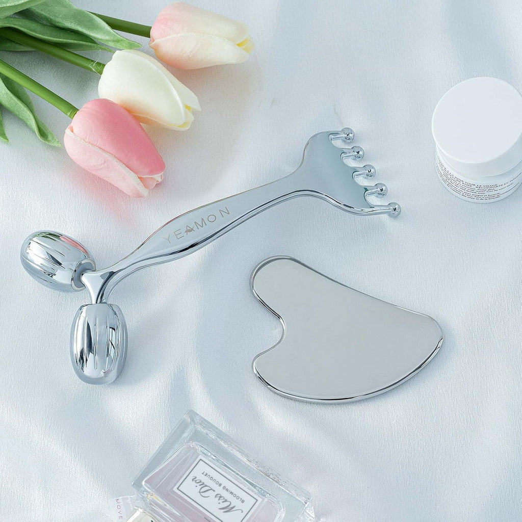 Pain Relief Massage Tool Set Stainless Steel Gua Sha Scraper & Dual-Ended Face Roller for Muscle Tension, Circulation... - Image 6