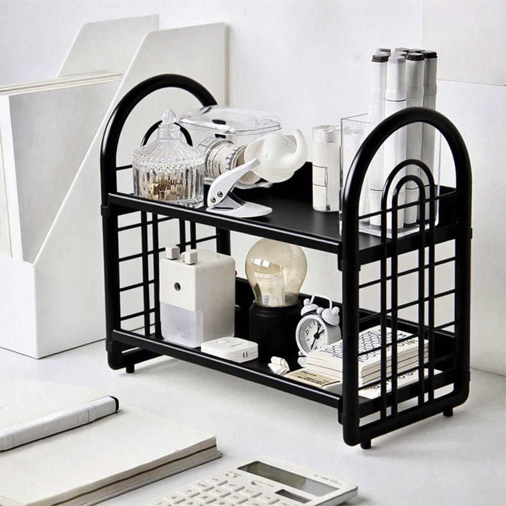 Desktop Rack Cosmetic Stationery Storage Holder, 2-Tier Multifunctional Plastic Shelf Makeup Rack Organizer for Skincare Office Kitchen Bedr - Image 2