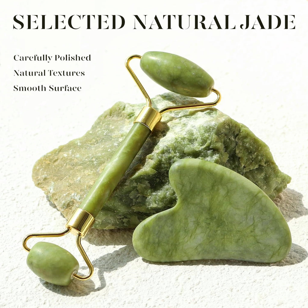 Jade Roller & Gua Sha, Natural Jade Face Roller Gua Sha Tool Facial Skin Care Supplies, Green - Image 5