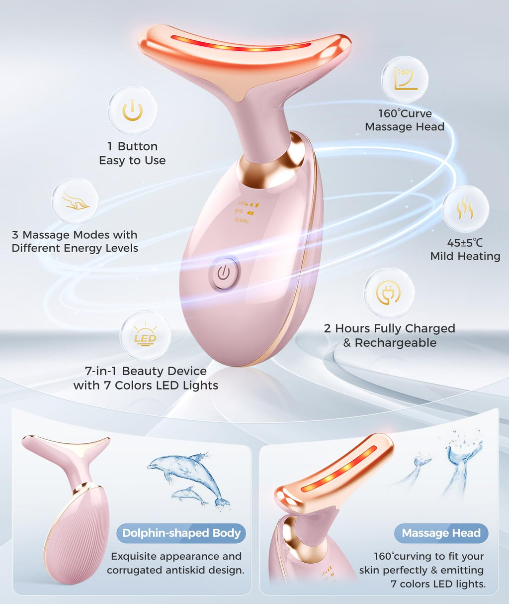 Face Neck Massager,7-in-1 LED Lights Facial Tool for Home Skincare Device,Rose Gold - Image 5