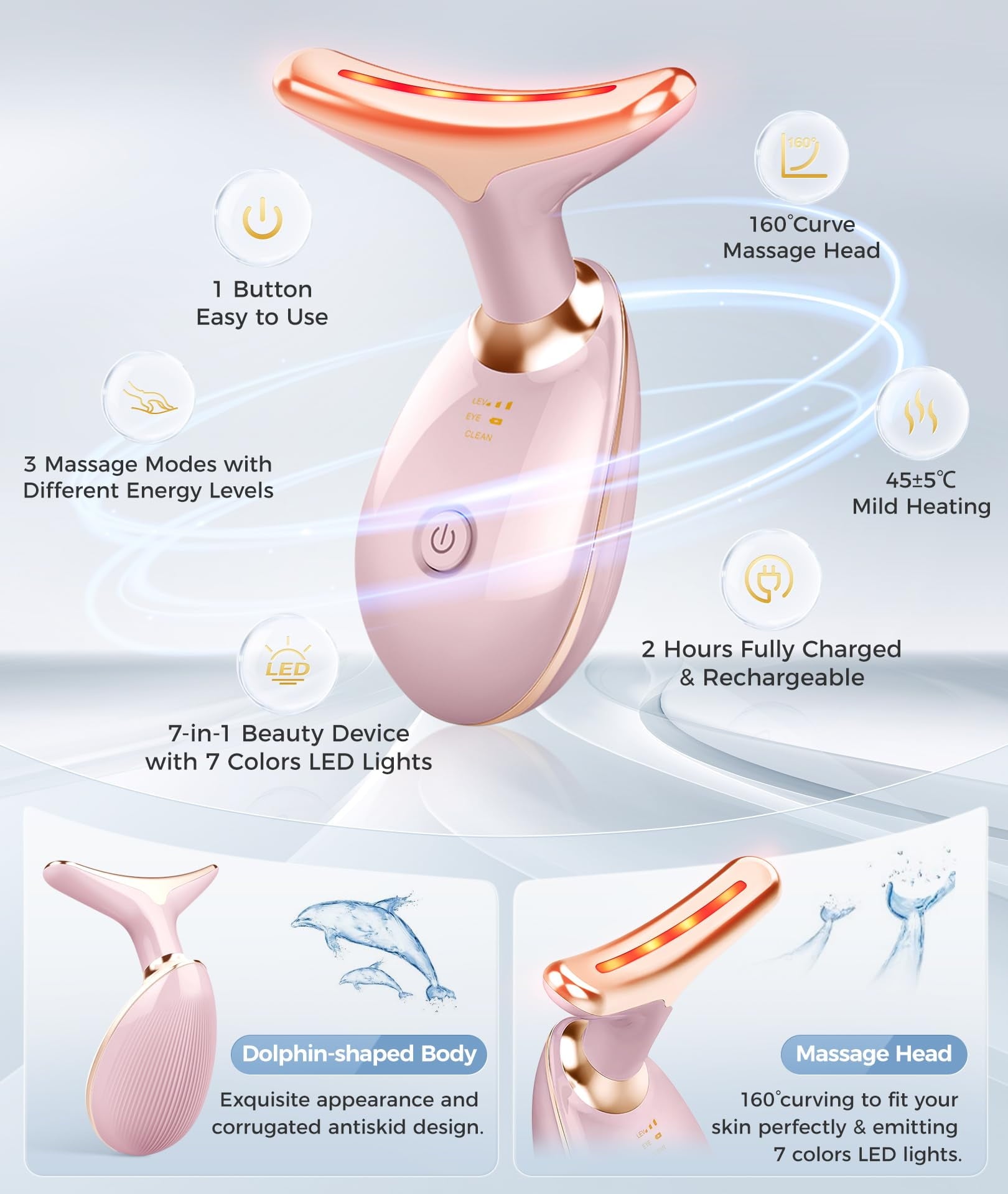 Face Neck Massager,7-in-1 LED Lights Facial Tool for Home Skincare Device,Rose Gold - Image 5