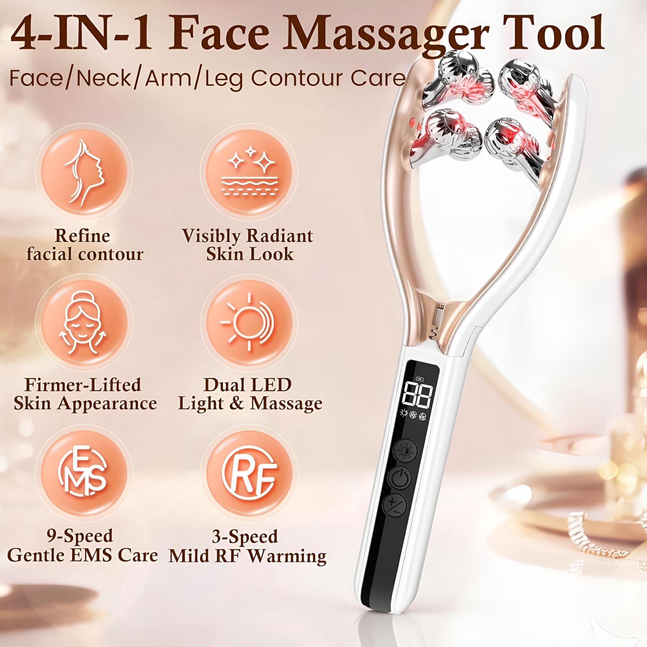 Face Massager Tool with Red Light,Facial Roller Skin Care Tool for Women,Rechargeable Face Roller for Facial Contour ... - Image 2