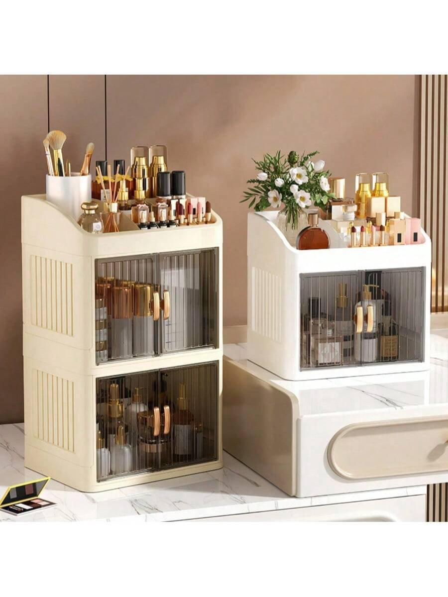 1pc Storage Box, Foldable & Sliding Door Design, Clear Cover Cosmetic Display Cabinet, Large Capacity Skincare & Cosm... - Image 5